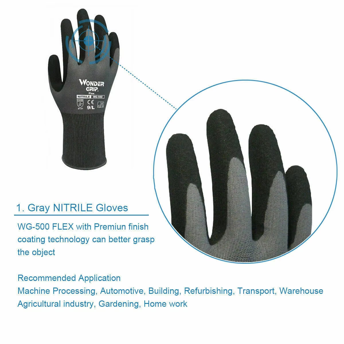 Wonder Grip Gloves EN388 Flexible Work Oil-Proof Nitrile Nylon Gloves S/M/L/XL